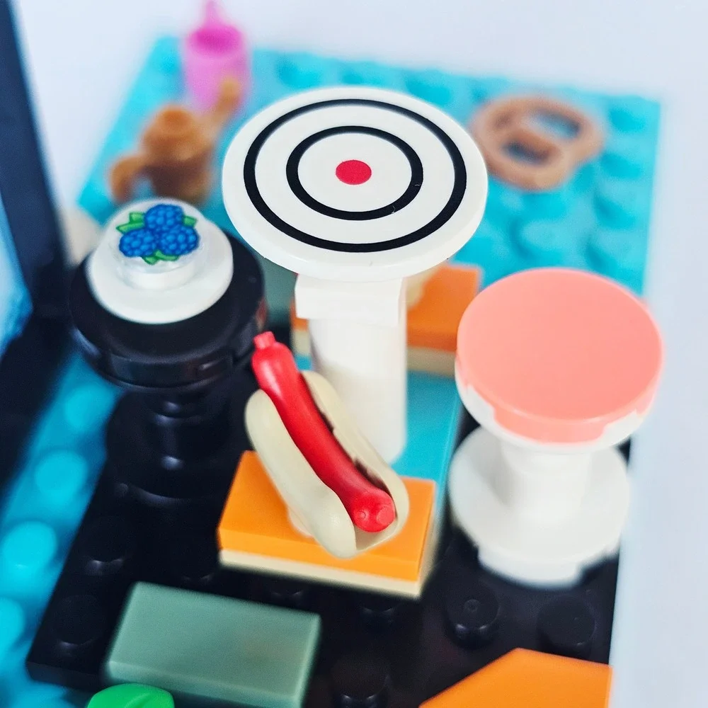LEGO Custom Food Stand Cafe Baseplate with Hot Dogs Pretzel Fruit Accessories